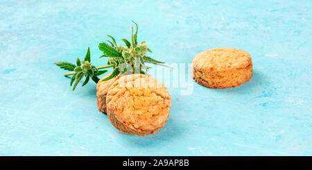 Ein Panorama von Cannabis butter Cookies mit Marihuana Knospen, hausgemachte gesunde Kekse auf blauem Hintergrund mit einem Platz für Text Stockfoto