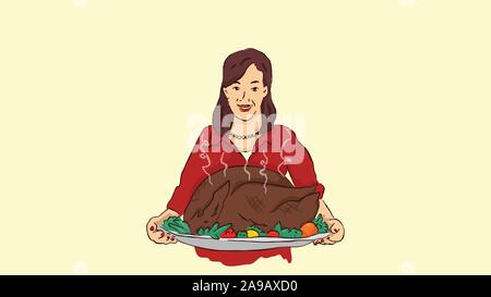 Die moderne Hausfrau im eleganten roten Kleid mit kalten Truthahn für Thanksgiving Abendessen mit der Familie Hand gezeichneten Stil vektor design Illustration isoliert Stock Vektor