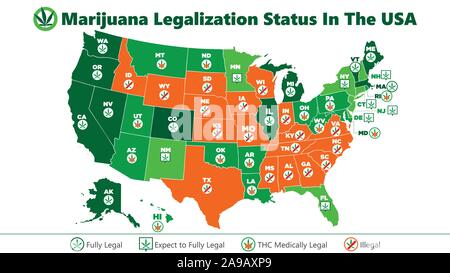 Marihuana (Ganja) Legalisierung Status in den USA Karte Infografik stil Abbildung Stock Vektor