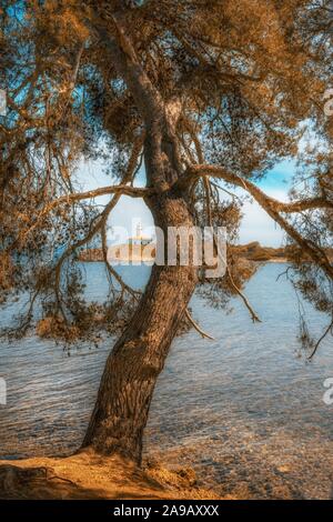 Alcudia Leuchtturm (Faro de Alcanada) in der Nähe von Alcudia Strand (Playa de Alcudia) und Alcudia. Kleine Insel mit Felsen im Meer umrahmt von Stockfoto