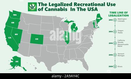 Die legalisierte Freizeitkonsum von Marihuana (Ganja) in den USA Karte Infografik stil Abbildung Stock Vektor