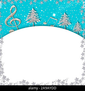 Weihnachten musikalische Grenze Karte. Violinschlüssel und Tannen Silber Glitzer Textur auf blauem Hintergrund mit kopieren. Quadratisches Bild. Stockfoto