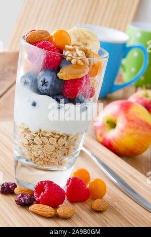 Frühstück Eiche flakes Joghurt mit Zutaten Stockfoto