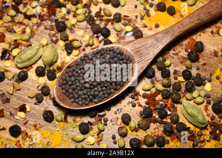 Eine hölzerne Löffel voller schwarzer Senf Samen. Stockfoto