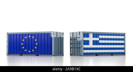 Zwei Frachtcontainer mit der Europäischen Union und in Griechenland Flagge. 3D-Rendering Stockfoto