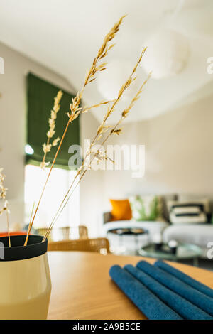 Modernes, farbenfrohes, elegantes Wohnzimmer Innenraum, close-up auf Vase mit Weizen spikes Stockfoto