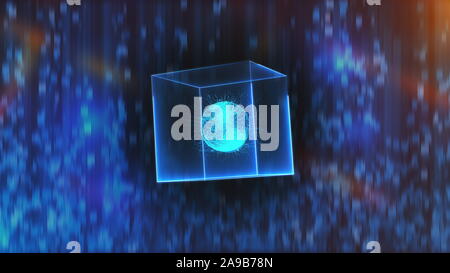 Neon cube mit Data Center in der Schwerelosigkeit auf einer abstrakten Hintergrund, Computer 3D Rendering generiert Stockfoto