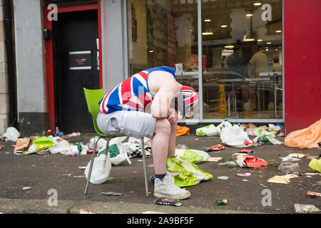 12.07.2019, Belfast, Nordirland, Vereinigtes Königreich - betrunken nach Orangemens Tag, evangelischen, politisch aufgeladen und jährlichen Feiertag zum Gedenken an t Stockfoto