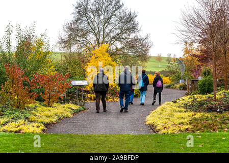 Gruppe von Männern und Frauen genießen Sie den Wintergarten an der RHS Hyde Hall. Die Leute bewundern die frühen Herbst Farbe. Stockfoto