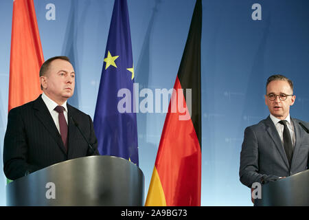 21.10.2019, Berlin, Berlin, Deutschland - Wladimir Makej, Außenminister der Republik Belarus und Bundesaußenminister Heiko Maas zu einem drücken Sie c Stockfoto