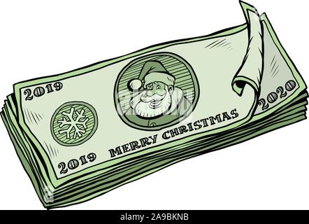 2019 2020 Banknoten Geld Bargeld. Jährliche Bonus. Weihnachtsmann Charakter Weihnachten neues Jahr Stock Vektor