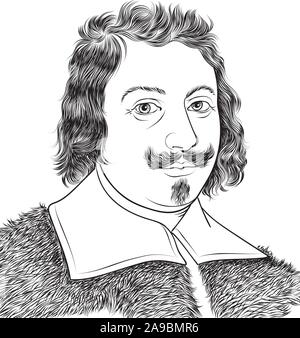 Evangelista Torricelli cartoon Portrait. Er war ein italienischer Physiker und Mathematiker, der Erfindung des Barometers. Stock Vektor