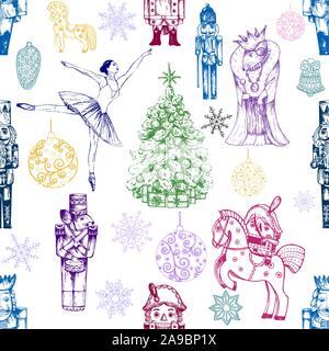 Nahtlose Muster von Hand gezeichnete Skizze farbige Charaktere und verschiedene Objekte zu der Nussknacker Märchen auf weißem Hintergrund ergänzende Stock Vektor