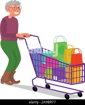 Kaukasische ältere pensionierter Mann mit leer Warenkorb. Flat Style lieferbar Vector Illustration, auf weißem Hintergrund Stock Vektor