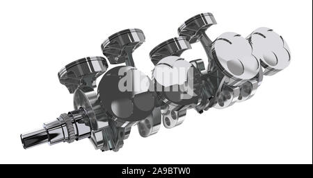 V8-Motor Kolben auf einer Kurbelwelle. Auf weissem Hintergrund. 3D-Rendering Stockfoto