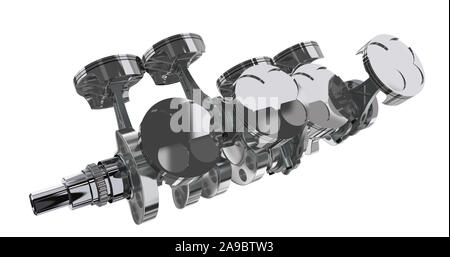 V8-Motor Kolben auf einer Kurbelwelle. Auf weissem Hintergrund. 3D-Rendering Stockfoto