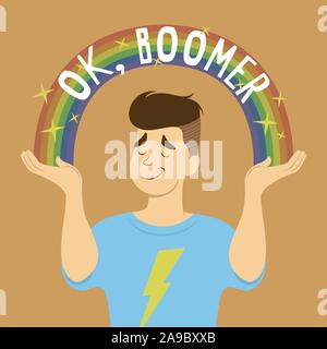 Flache vektor Cartoon des jungen Mannes mit stilvollen Haar, selbstzufriedene Gesicht, und Donner T-Shirt zuckt mit den Schultern. Sparkle Rainbow mit OK, Boomer text Arch aus seinen Händen. Stock Vektor