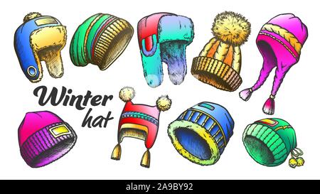 Winter Hut Kleidung Zubehör Retro Set Vektor Stock Vektor