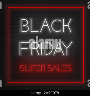 Schwarzer Freitag verkauf Banner. Dunkler Schwarzer Freitag Neonlicht Banner. Square dark Black Friday sale. Neon rot Anschlagtafel auf Wand. Stockfoto