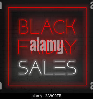 Schwarzer Freitag verkauf Banner. Dunkler Schwarzer Freitag Neonlicht Banner. Square dark Black Friday sale. Neon rot Anschlagtafel auf Wand. Stockfoto