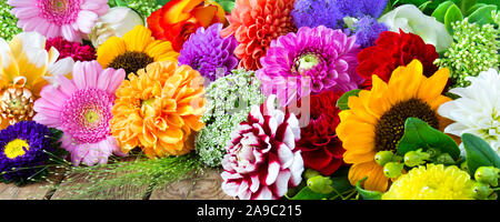 Bunte Auswahl der Blumen gegen Holz- Hintergrund Stockfoto