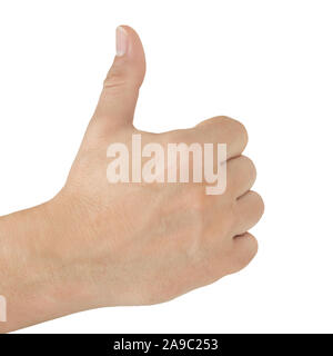 Männliche Hand Daumen hoch, vor weißem Hintergrund Stockfoto