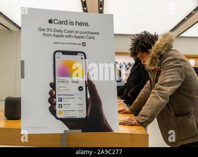 Ein Zeichen Werbung die Apple Karte in das World Trade Center Apple Store in New York am Dienstag, 12. November 2019. Goldman Sachs, die Aussteller der Karte, hat von gender Bias beschuldigt worden, den Frauen der unteren Kreditlimits, auch Frauen, dass Vermögenswerte mit ihren Ehepartnern, die Höhe Grenzen erhalten. (© Richard B. Levine) Stockfoto