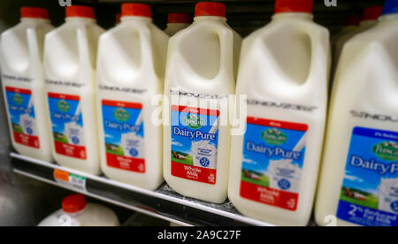 Container von Dean Foods toskanischen Molkerei reine Milch, die in einem Supermarkt Kühler in New York am Dienstag, 12. November 2019. Dean Foods ist für Kapitel 11 Bankrottschutz eingeordnet zu haben. (© Richard B. Levine) Stockfoto