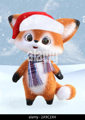 3D-Rendering von einem entzückenden niedliche happy Furry cartoon Fox trägt eine Santa Hut und Schal, stehend im Schnee. Snowy Hintergrund. Stockfoto