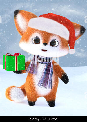 3D-Rendering von einem entzückenden niedliche happy Furry cartoon Fox trägt eine Santa Hut und Schal, ein Weihnachtsgeschenk. Snowy Hintergrund. Stockfoto