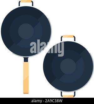 Wok Pfanne Zeichen gesetzt oder flache Icons Sammlung traditioneller Schüsseln mit Griffen zur Ansicht von oben Stock Vektor
