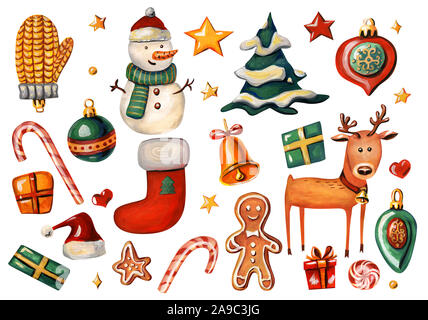 Weihnachten Urlaub mit Symbolen. Rentier, Santa Hut, Weihnachtsschmuck, Geschenkboxen, Sterne, Schneemann, Lebkuchen, Socke, Bell, Weihnachtsbaum ein Stockfoto