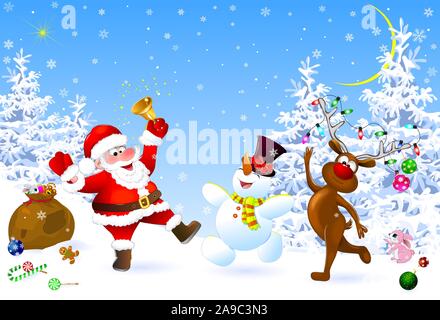 Weihnachtsmann, Schneemann und Rotwild im Winterwald. Santa mit einem Christmas Bell. Weihnachtsmann, Schneemann und Hirsche Weihnachten feiern. Weihnachtsschmuck in der s Stock Vektor