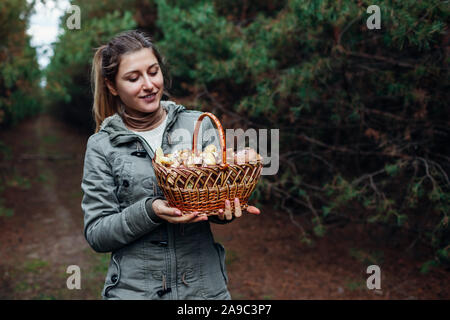 Frau hält Korb von öligen Pilze im Herbst Wald. Abholung frische organische rutschig Jack Pilze Stockfoto