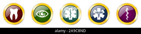 Set aus bunten Web glänzend Vector Icons, Medizin, Gesundheit, Auge und Zahn Schaltflächen in eps 10 für Webdesign und mobile Anwendungen auf weißem Hintergrund Stock Vektor
