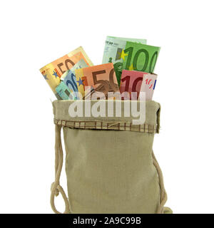 Banknoten in einer Tasche vor einem weißen Hintergrund Stockfoto