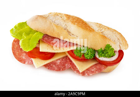 Baguette mit Salami und Käse Stockfoto