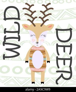 Cute cartoon Hirsche. Komposition mit Volkskunst Tiere und floralen Elementen dekoriert. Im skandinavischen Stil Stock Vektor