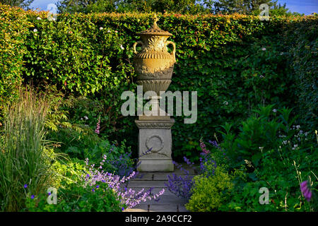 Konkrete urn und Sockel, klassische Urne und Sockel, Garten, Garten, buche Hedge, ruhigen Gegend, ruhigen Raum, Garten, Gärten, RM Floral Stockfoto