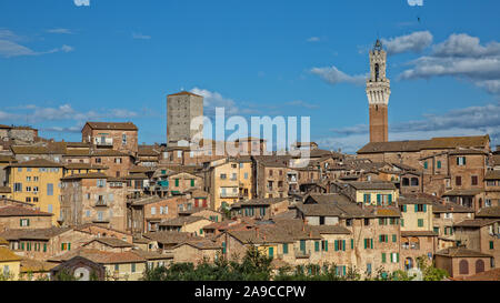 Alte Häuser im historischen Zentrum von Siena. Blick über die Dächer der Altstadt und die Torre del Mangia, Turm des Palazzo Pubblico in Siena, Toskana, Italien Stockfoto