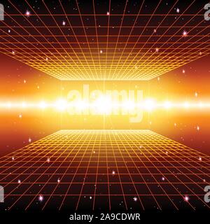 Retro neon Hintergrund mit 80s Laser Raster und Sterne Stil Stock Vektor