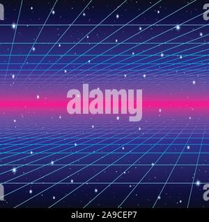 Retro neon Hintergrund mit 80s Laser Raster und Sterne Stil Stock Vektor