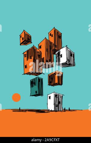 Hand gezeichnet bunte Illustration der abstrakten moderne Gebäude fliegen in die Luft, über Grund Stock Vektor
