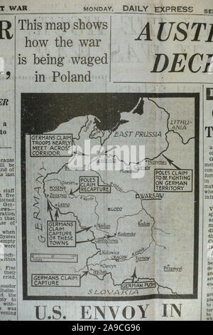 Karte, die zeigt, wie der Krieg in Polen im Daily Express (Replica), 4. September 1939, am Tag nach der Ausrufung des zweiten Weltkriegs, geführt wird. Stockfoto