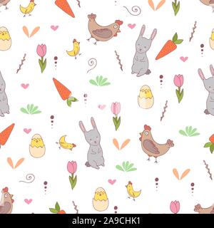 Handdrawn Ostern nahtlose Muster mit Bunny, Karotte, chiken, Vector Illustration Stock Vektor