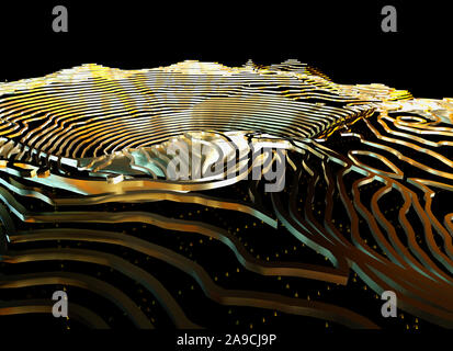 Abstrakte topografische Karte im 3D-Hintergrund mit glänzenden goldenen Linien in sci-fi Technologie Stil. 3D-Darstellung Stockfoto