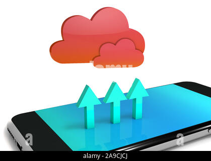 Cloud Computing Konzept. Cloud Computing mit Handy. 3D-Render auf Weiß Stockfoto