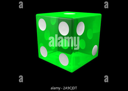 3D-Render green Casino Würfel. Poker Würfel isoliert auf schwarzen Hintergrund. Stockfoto