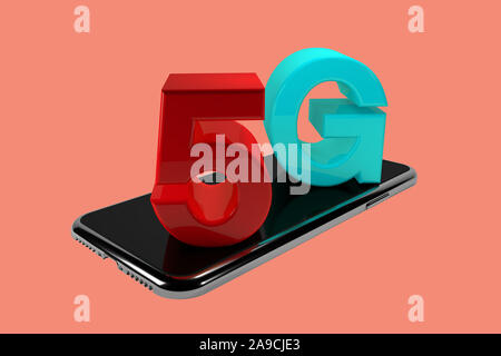 3D-Render. Handy mit 5G Wireless. Die mobile Telekommunikation Konzept. Stockfoto