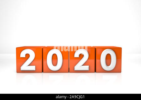 3D-Render Abbildung. Rote Würfel mit 2020. Neues Jahr Konzept. Auf weissem Hintergrund Stockfoto
